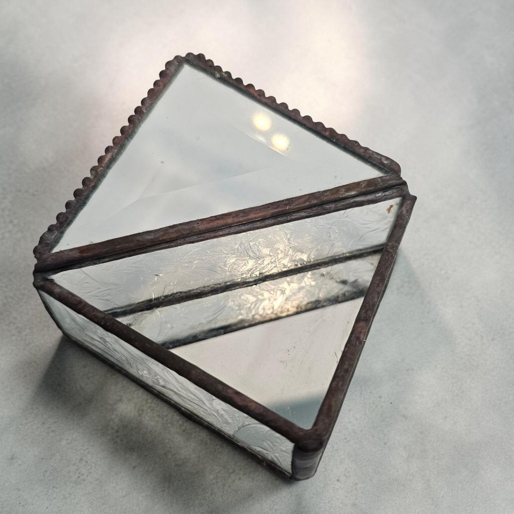 Vintage Etched Clear Beveled Leaded Glass Jewelry Triangle Art Deco Box Trinket